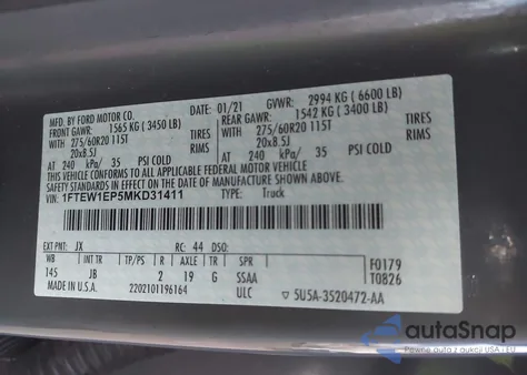 2021 Ford F-150 Xl z USA, uszkodzony, nr VIN 1FTEW1EP5MKD31411